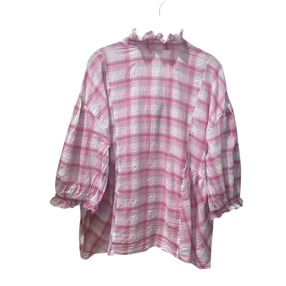 Sundance Pink Plaid Ruffle Cotton Gauze Button Front Blouse Top Womens Medium